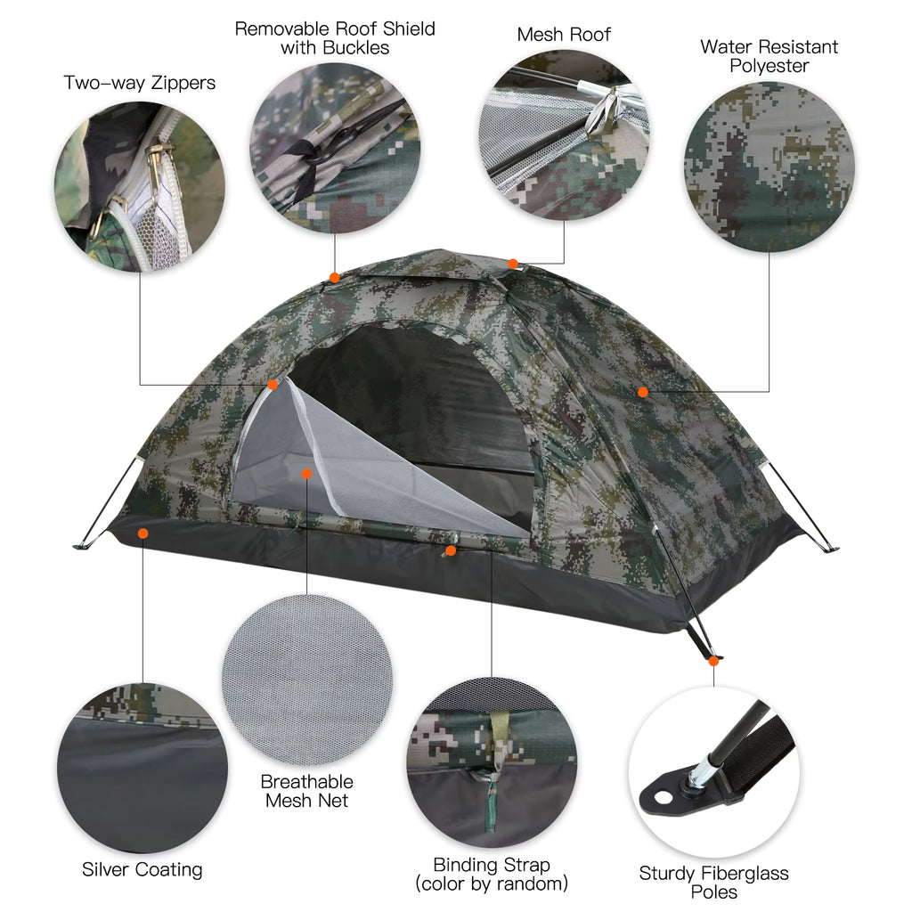 Cort camping ultraușor pentru 1 persoană, impermeabil, camuflaj, protecție UV – ideal drumeții și pescuit