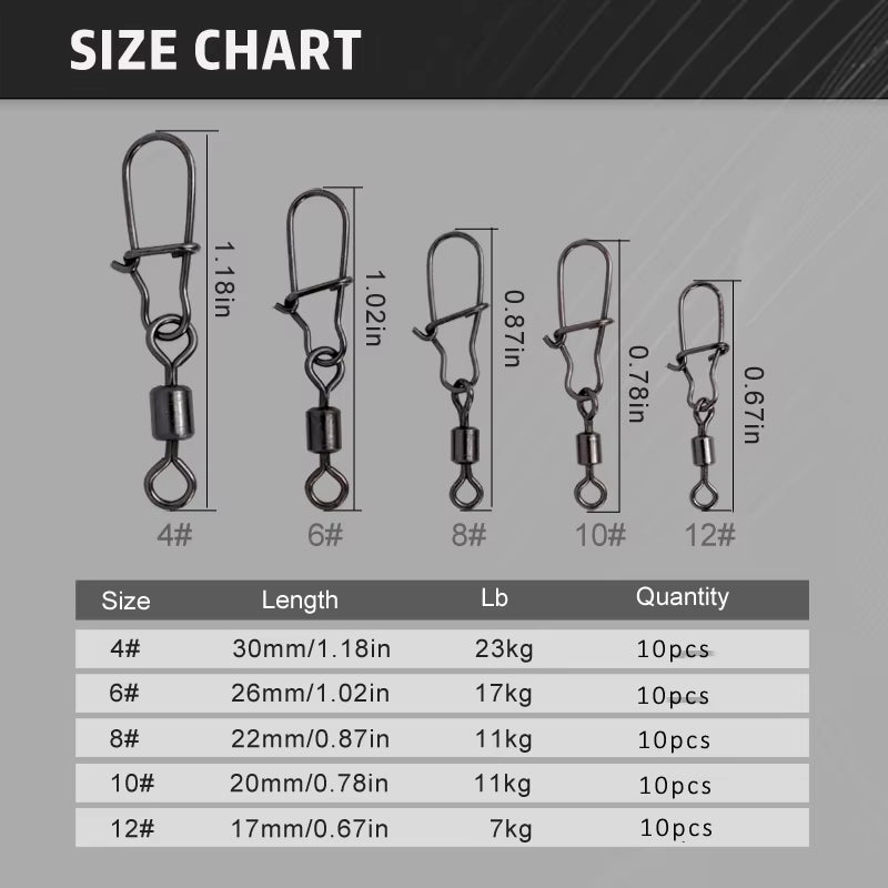 Set 50 Conectori Pescuit cu Vârtej și Agrafă – Oțel Inoxidabil, Rulment Pivotant, Accesorii pentru Monturi (4#–12#)