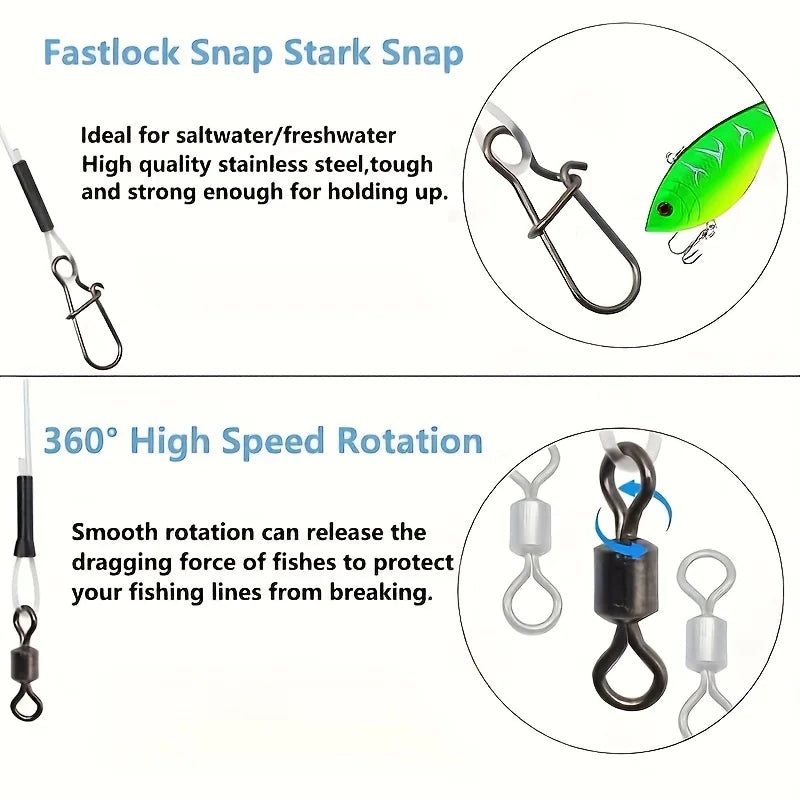 12PCS Fluorocarbon Fishing Leaders,Equipped with High-Speed 360° Rotating Swivels Saltwater & Freshwater Fishing for Pike Bass