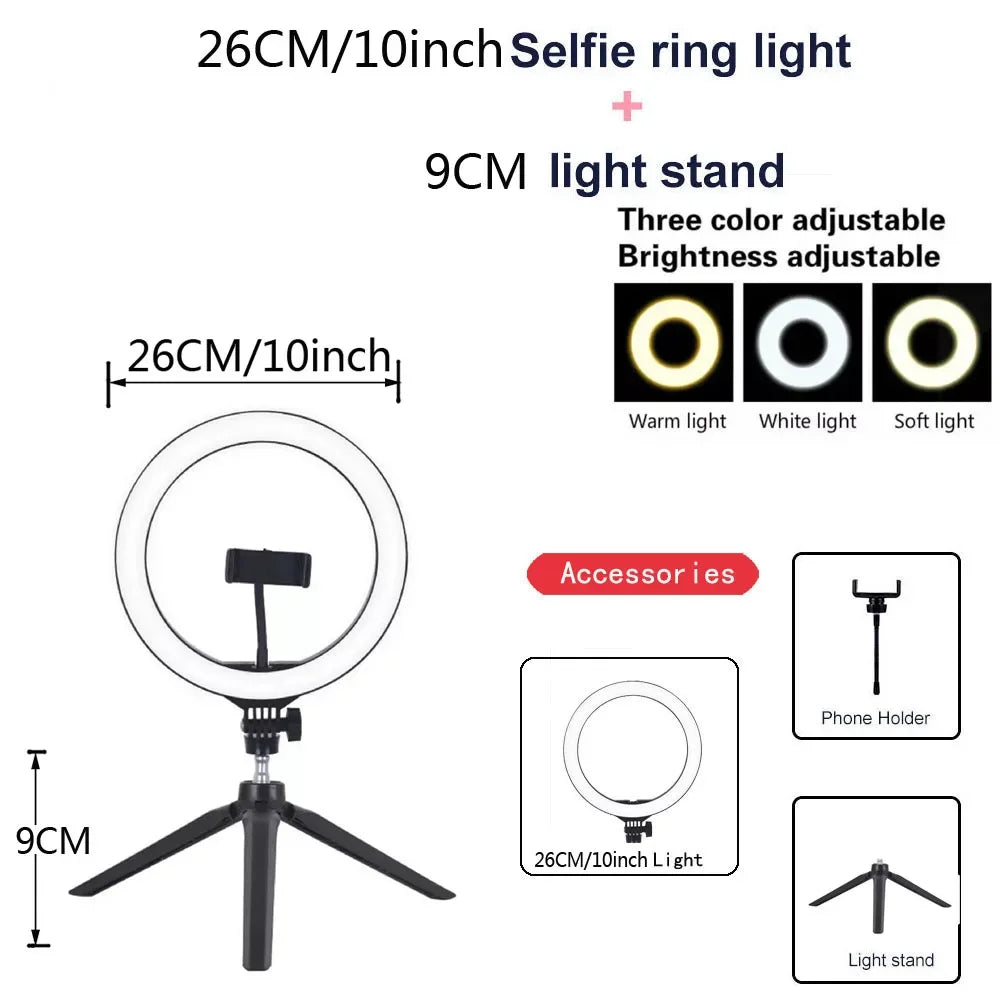 Lumină inelară LED 26 cm cu trepied și suport telefon – Ring Light pentru selfie, TikTok, YouTube, live streaming