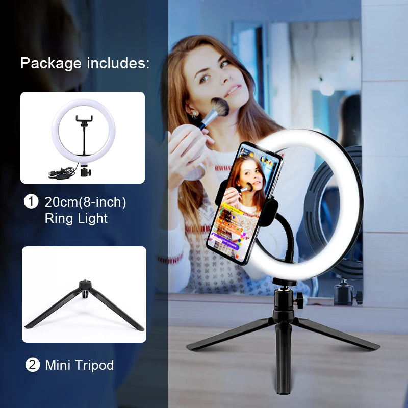 Lumină inelară LED 26 cm cu trepied și suport telefon – Ring Light pentru selfie, TikTok, YouTube, live streaming