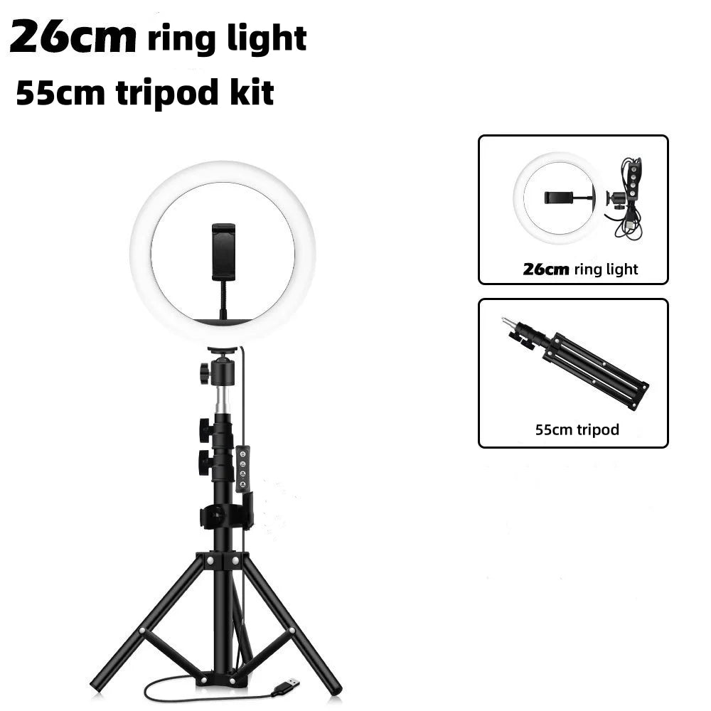 Lumină inelară LED 26 cm cu trepied și suport telefon – Ring Light pentru selfie, TikTok, YouTube, live streaming