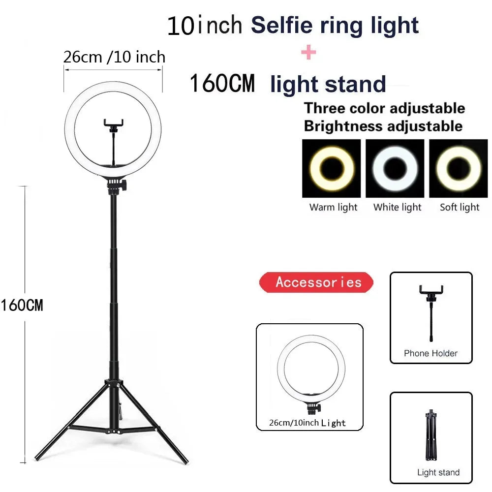 Lumină inelară LED 26 cm cu trepied și suport telefon – Ring Light pentru selfie, TikTok, YouTube, live streaming